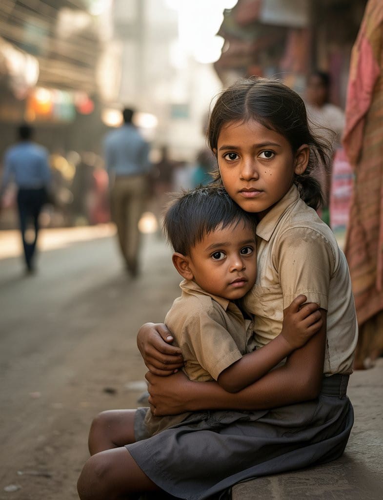 A young girl in a torn school uniform holding her little brother on the roadside, symbolizing hope and resilience.